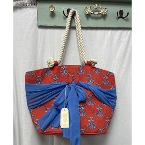 Mud Pie Beachcomber Nautical Anchor Jute Zip Bag Tote Red Blue Large NWT